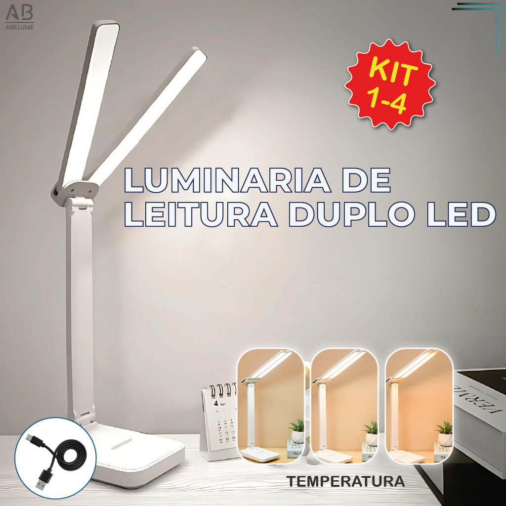 Luminária de Mesa Abajur Led Leitura Dupla 3 Tons de Luz Recarregável USB Portátil Bivolt Luminária de Mesa Abajur Led Leitura Dupla 3 Tons de Luz Recarregável USB Portátil Bivolt