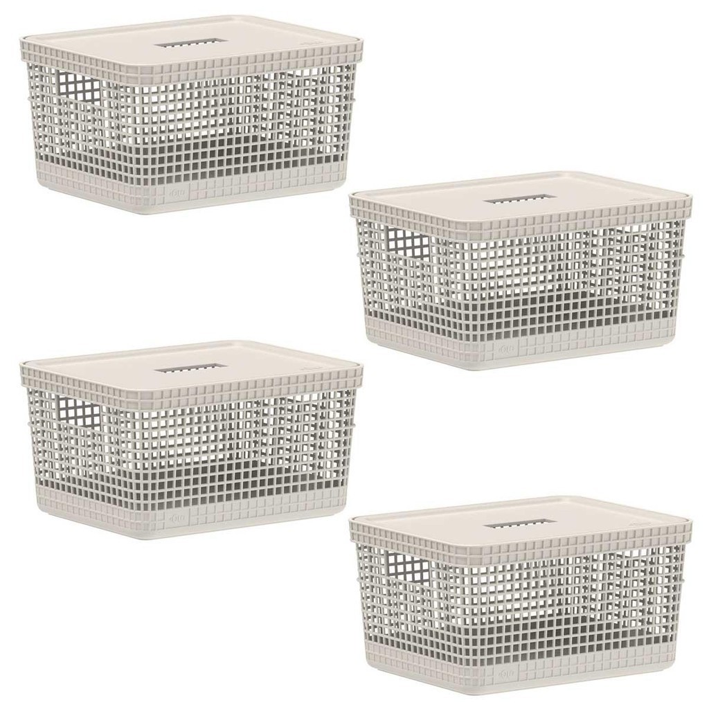 Kit 4 Cesto 8L Organizador Multiuso OU Grid Bege com Tampa Kit 4 Cesto 8L Organizador Multiuso OU Grid Bege com Tampa