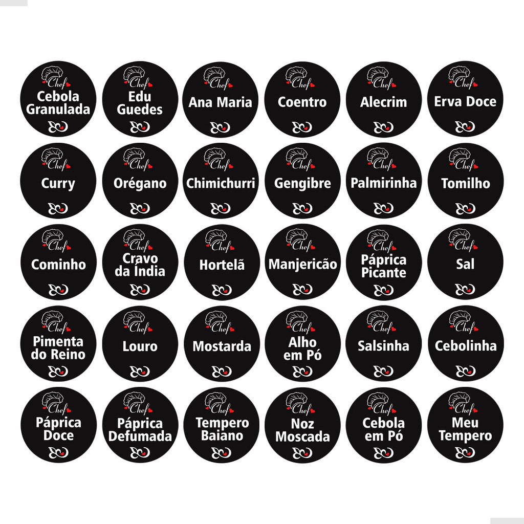 90 Etiquetas Para Potes Temperos Adesivo Preto Chef 3×3 cm 90 Etiquetas Para Potes Temperos Adesivo Preto Chef 3×3 cm