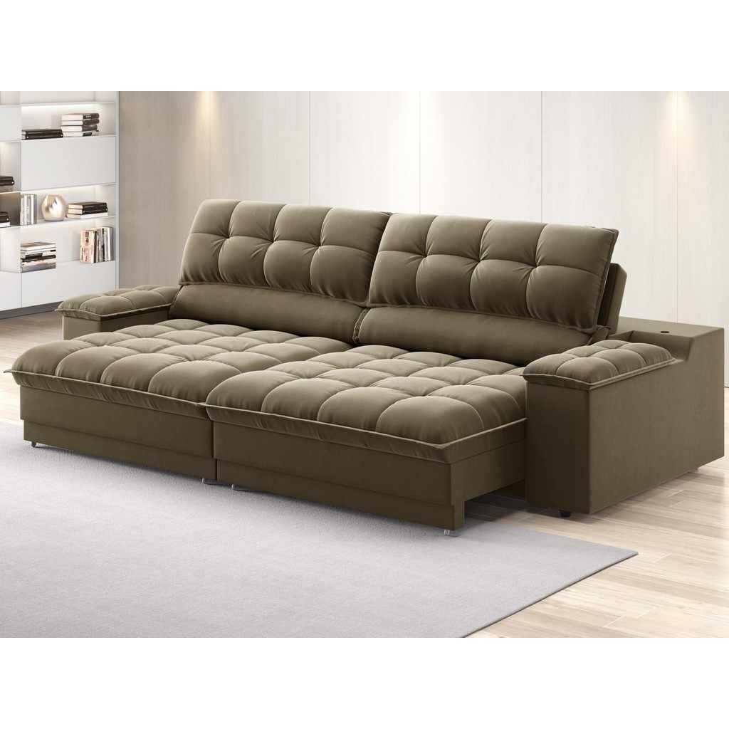 Sofá com Porta Copos e Carregador USB Ret Rec Luke 2,90m Veludocristal Castor – NETSOFAS Sofá com Porta Copos e Carregador USB Ret Rec Luke 2,90m Veludocristal Castor – NETSOFAS
