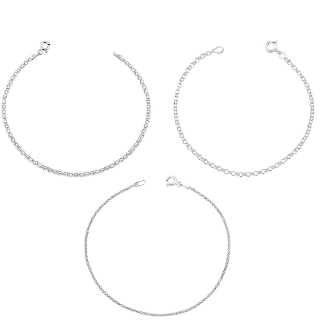 Kit 3 Pulseiras Feminina de Prata 925 Bismark Elo Português e Pipoca Diamantada Kit 3 Pulseiras Feminina de Prata 925 Bismark Elo Português e Pipoca Diamantada