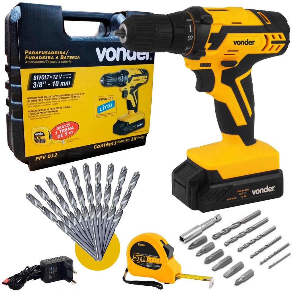 Furadeira e Parafusadeira Bateria 12V BIVOLT PFV 012 Com Kit Brocas, Bits e Trena VONDER Furadeira e Parafusadeira Bateria 12V BIVOLT PFV 012 Com Kit Brocas, Bits e Trena VONDER