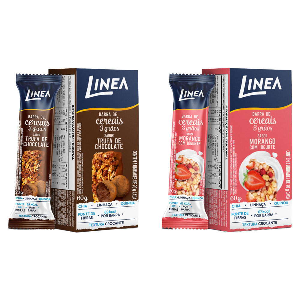 Kit 2 Caixas de Barra de Cereal 3 Grãos Integrais Linea Sabor Morango com Iogurte e Trufa de Chocolate 3 unidades de 20g Kit 2 Caixas de Barra de Cereal 3 Grãos Integrais Linea Sabor Morango com Iogurte e Trufa de Chocolate 3 unidades de 20g