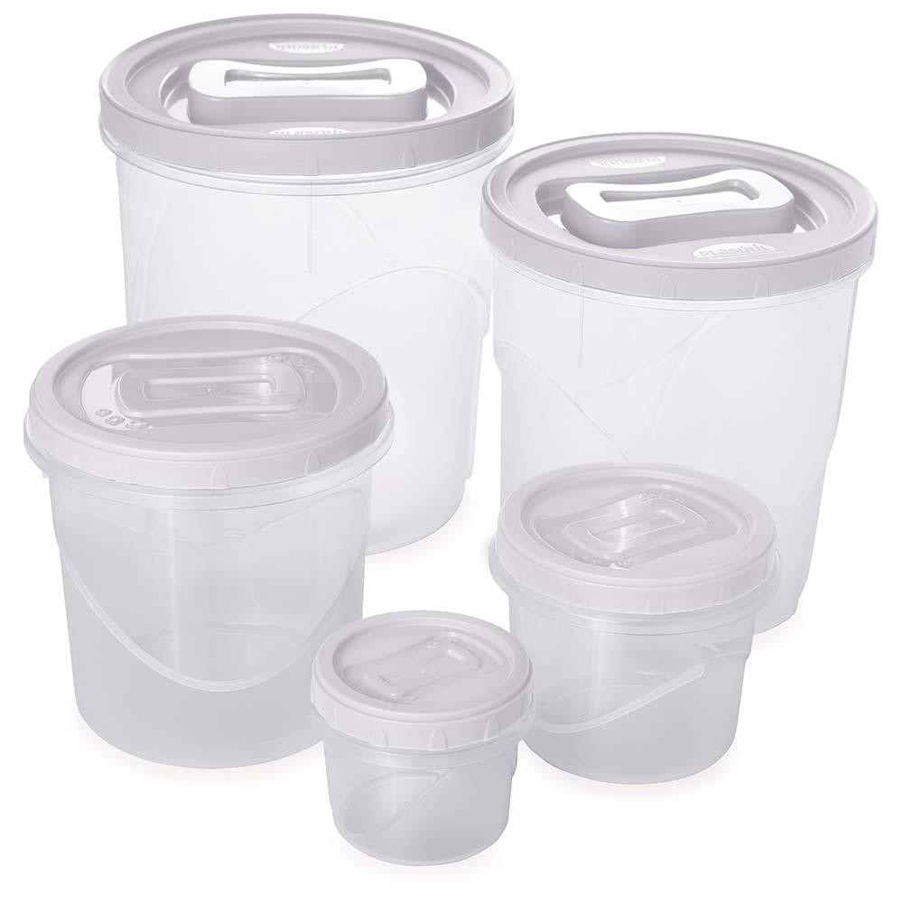 Kit 5 Potes Porta Mantimentos Médios Redondo Branco Plasútil Kit 5 Potes Porta Mantimentos Médios Redondo Branco Plasútil