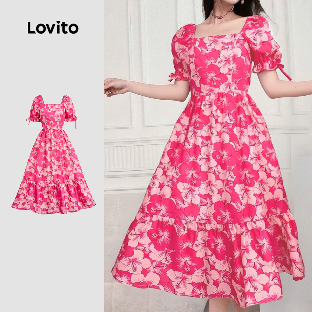 Lovito Vestido Boho de Flores com Laço Toque Suave Primavera/verão Vestido Vermelho Rosa LBL26206 Lovito Vestido Boho de Flores com Laço Toque Suave Primavera/verão Vestido Vermelho Rosa LBL26206