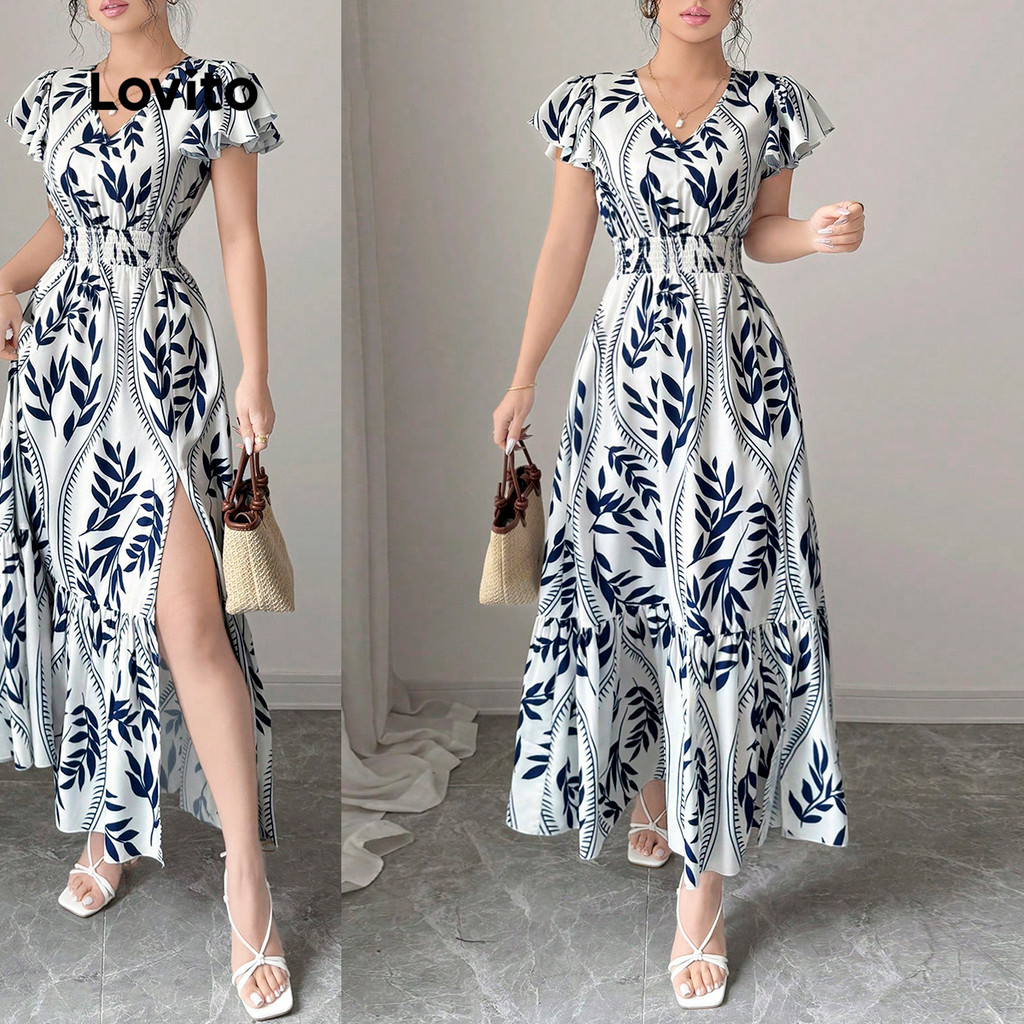 Lovito Vestido Boho com Estampa de Flores Abertura Frontal Macio e Confortável Primavera/Verão L145ED029 Lovito Vestido Boho com Estampa de Flores Abertura Frontal Macio e Confortável Primavera/Verão L145ED029