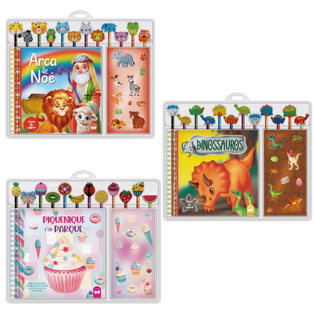 KIT LIVRO DE COLORIR + 12 LÁPIS + 12 BORRACHAS + ADESIVOS VALE DAS LETRAS ARCA DINO ESCOLAR PINTAR KIT LIVRO DE COLORIR + 12 LÁPIS + 12 BORRACHAS + ADESIVOS VALE DAS LETRAS ARCA DINO ESCOLAR PINTAR