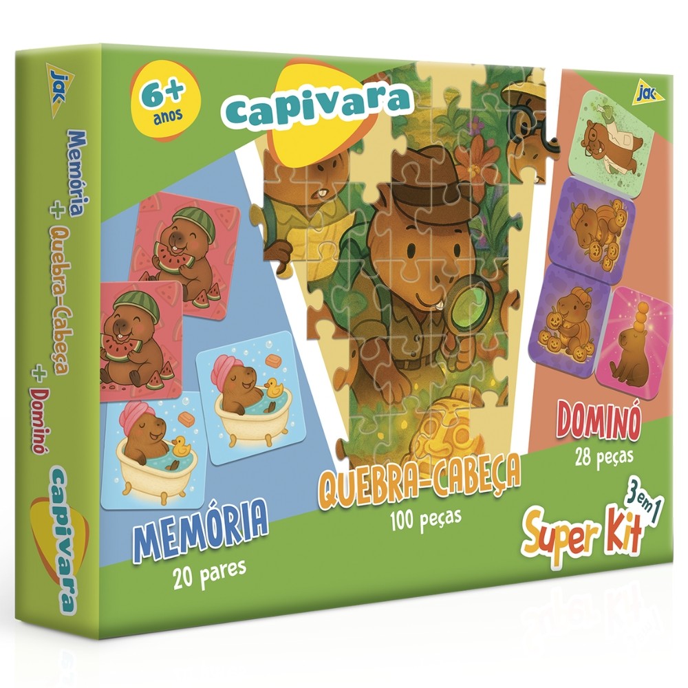 SUPER KIT 3 EM 1 CAPIVARA TOYSTER QUEBRA CABEÇA + DOMINÓ + JOGO DE MEMÓRIA 148 PEÇAS PUZZLE CAPIBARA
