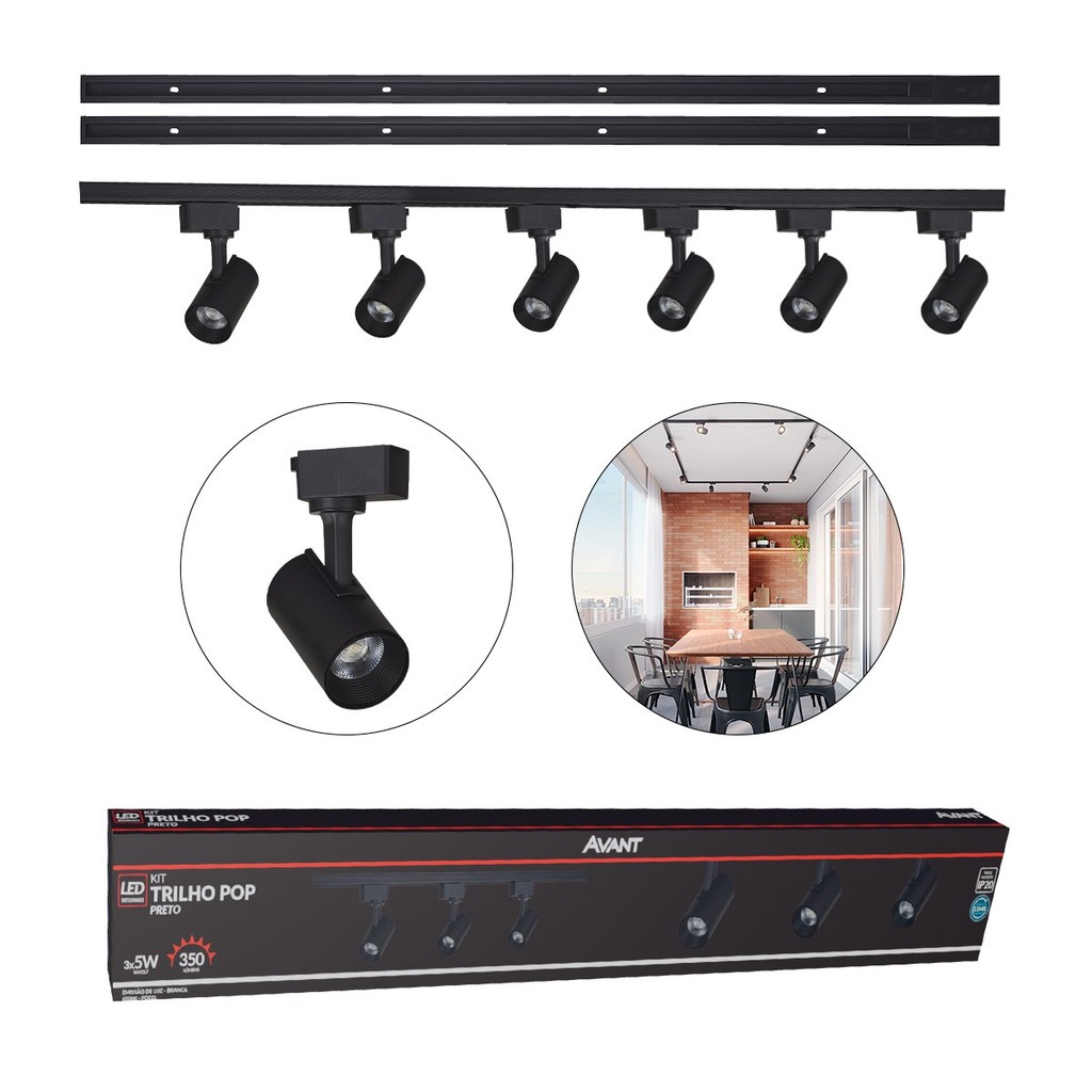 Kit trilho Eletrificado 6 Spot Led + 2 Metros de Trilho Pop 30w 6500k Branco Frio 110v/220v Preto Cod: 251931414-2 Kit trilho Eletrificado 6 Spot Led + 2 Metros de Trilho Pop 30w 6500k Branco Frio 110v/220v Preto Cod: 251931414-2
