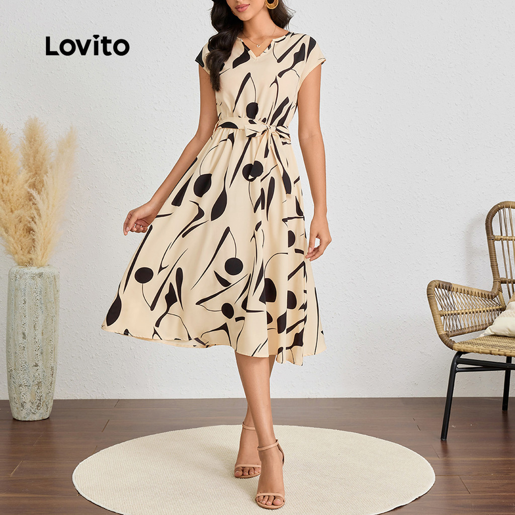 Lovito Vestido Casual Geométrico Verão/Primavera Com Cinto E Cadarço Para Mulheres LBL23531 Lovito Vestido Casual Geométrico Verão/Primavera Com Cinto E Cadarço Para Mulheres LBL23531