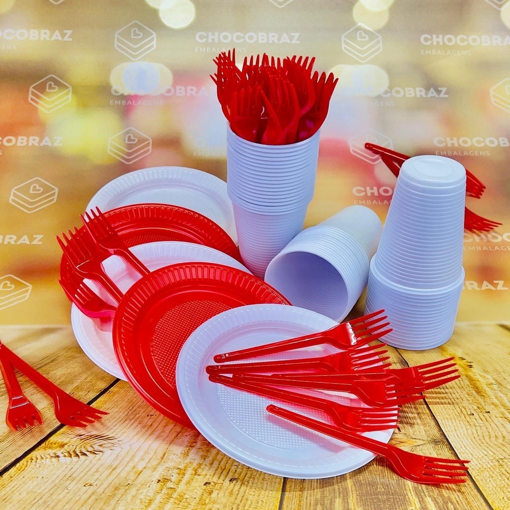 Kit Festa 50 PESSOAS DESCARTAVEIS GARFO + PRATO + COPO (BRANCO E VERMELHO)