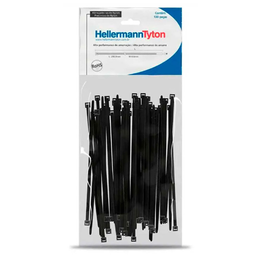 Pacote com 100 Abraçadeiras de Nylon Preta 300mm x 4.7mm T80I Hellermann 111-01089 Pacote com 100 Abraçadeiras de Nylon Preta 300mm x 4.7mm T80I Hellermann 111-01089