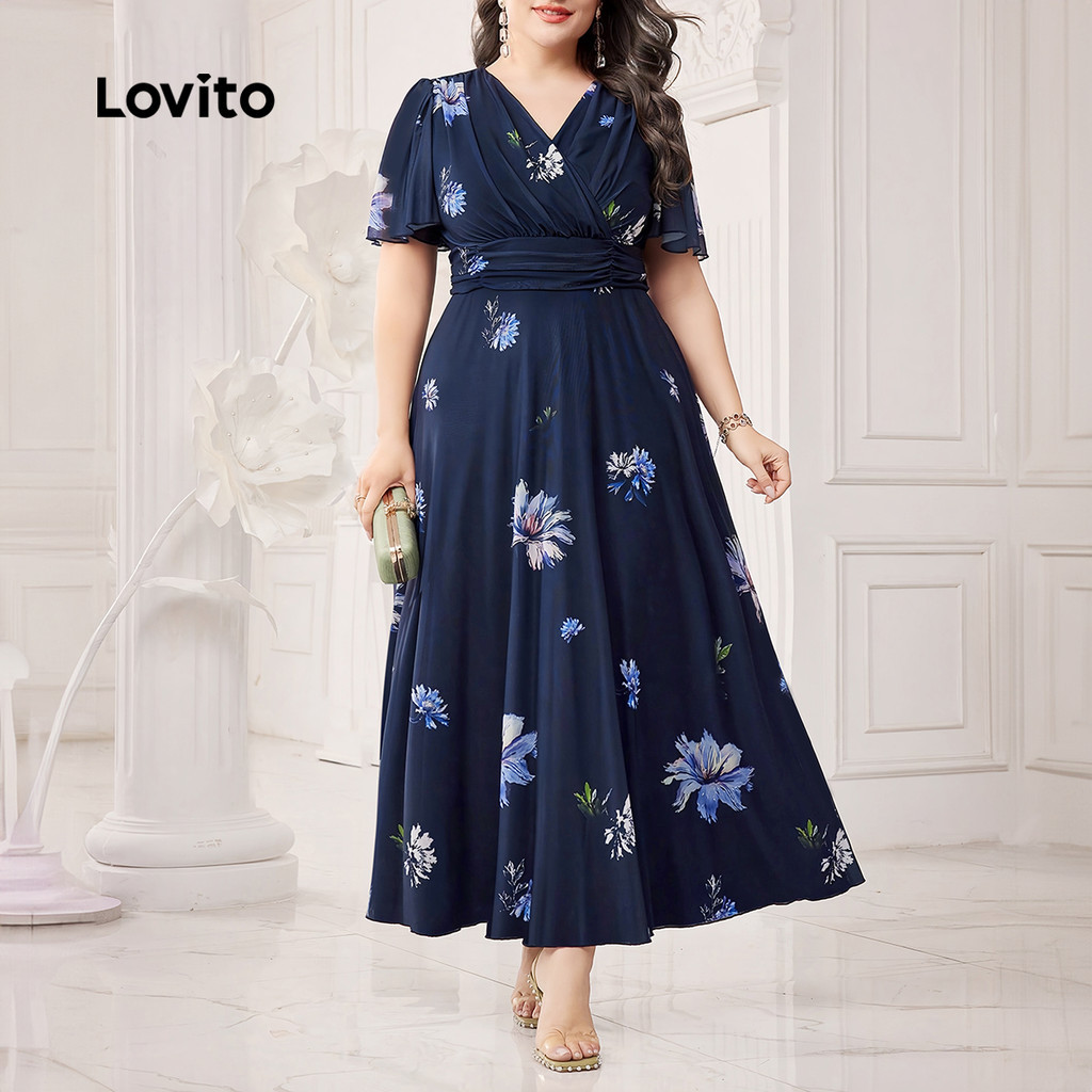 (Trendy) Lovito Vestido Plus Size curva elegante Ditsy Floral padrão franzido para mulheres LBL23549 (Trendy) Lovito Vestido Plus Size curva elegante Ditsy Floral padrão franzido para mulheres LBL23549
