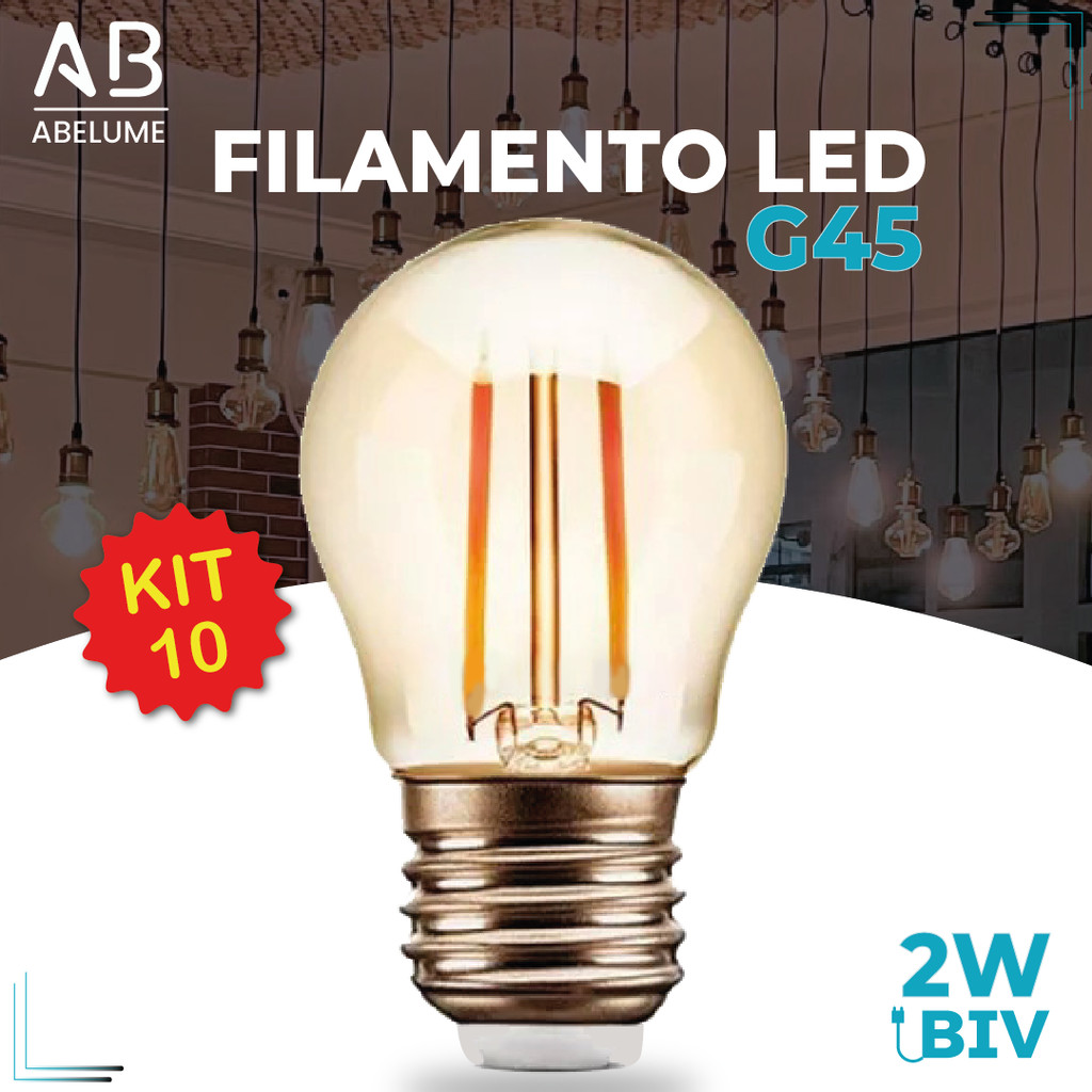 Kit 10 Lâmpada Filamento LED G45 2W E27 LUZ QUENTE 2,300K Âmbar Retrô Vintage 110V~220V Bivolt Kit 10 Lâmpada Filamento LED G45 2W E27 LUZ QUENTE 2,300K Âmbar Retrô Vintage 110V~220V Bivolt