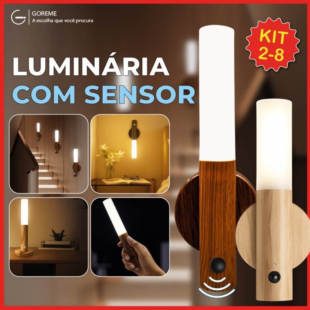2-8 Luminária Portátil com Sensor de Movimento Led Moderno Textura Madeira Bastão com Ímã Bivolt 2-8 Luminária Portátil com Sensor de Movimento Led Moderno Textura Madeira Bastão com Ímã Bivolt
