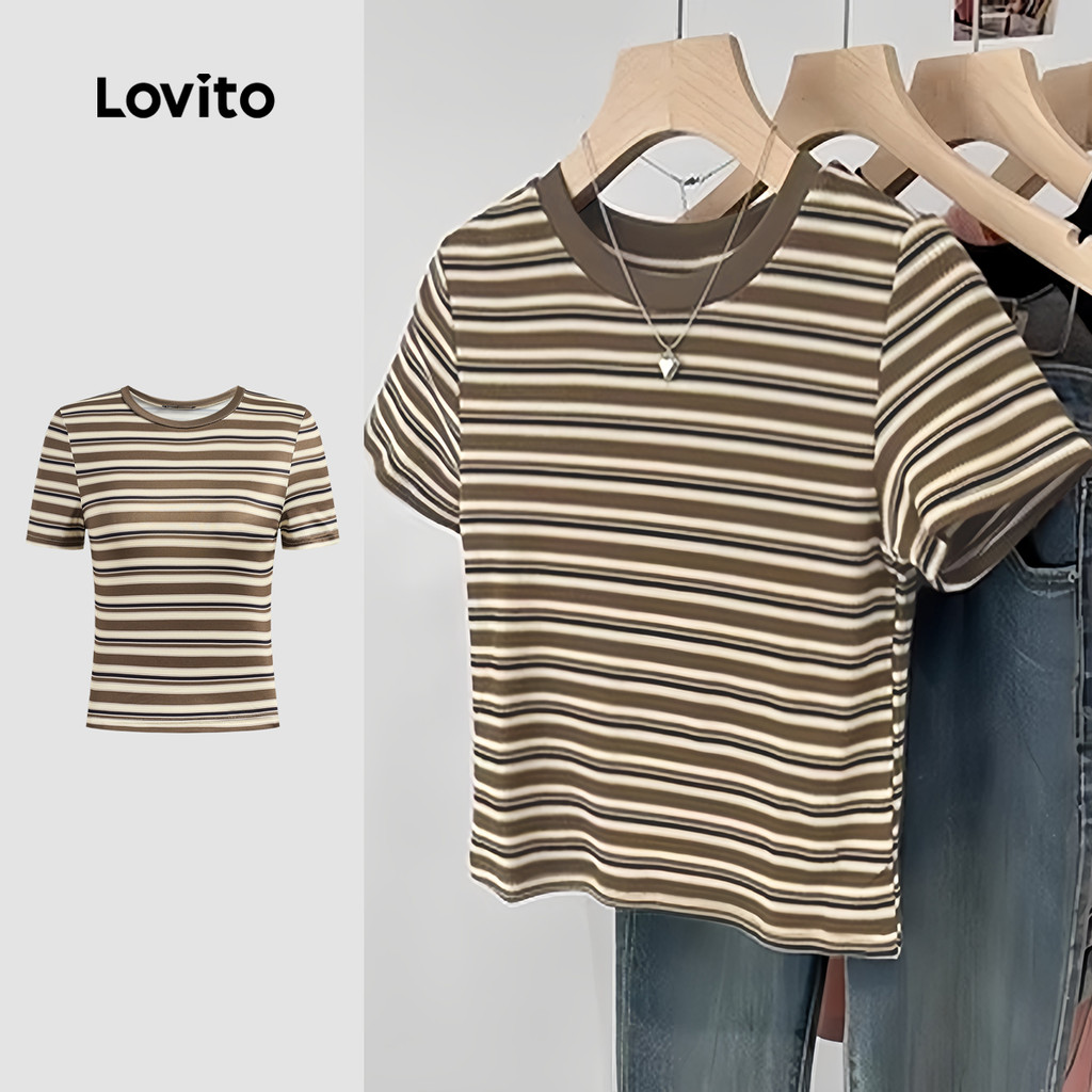 Lovito Camisa Casual de Manga Curta com Cores em Bloco Primavera/verão Camiseta Cáqui para mulheres L142ED232 Lovito Camisa Casual de Manga Curta com Cores em Bloco Primavera/verão Camiseta Cáqui para mulheres L142ED232