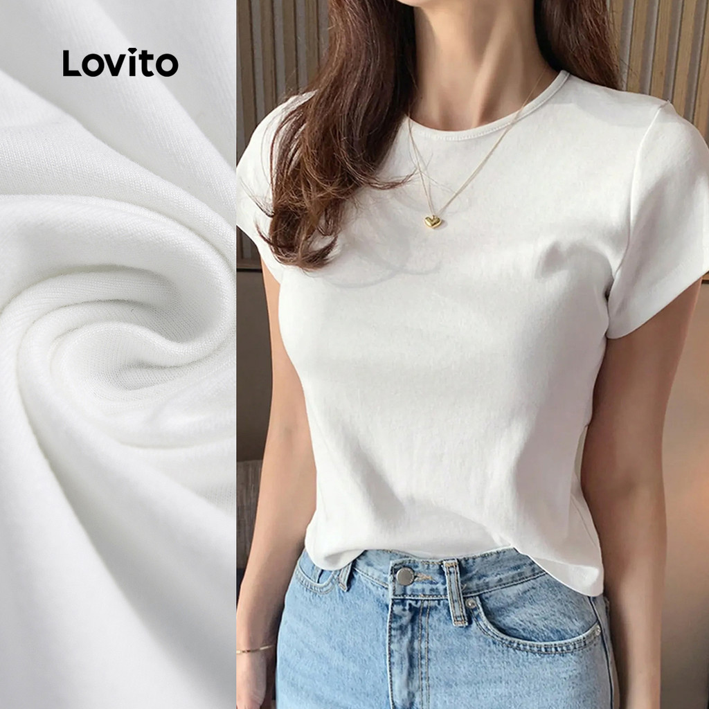 (New) Lovito Camiseta Casual Macia e Confortável Primavera/verão Camiseta Branca para Mulheres L143ED546 (New) Lovito Camiseta Casual Macia e Confortável Primavera/verão Camiseta Branca para Mulheres L143ED546