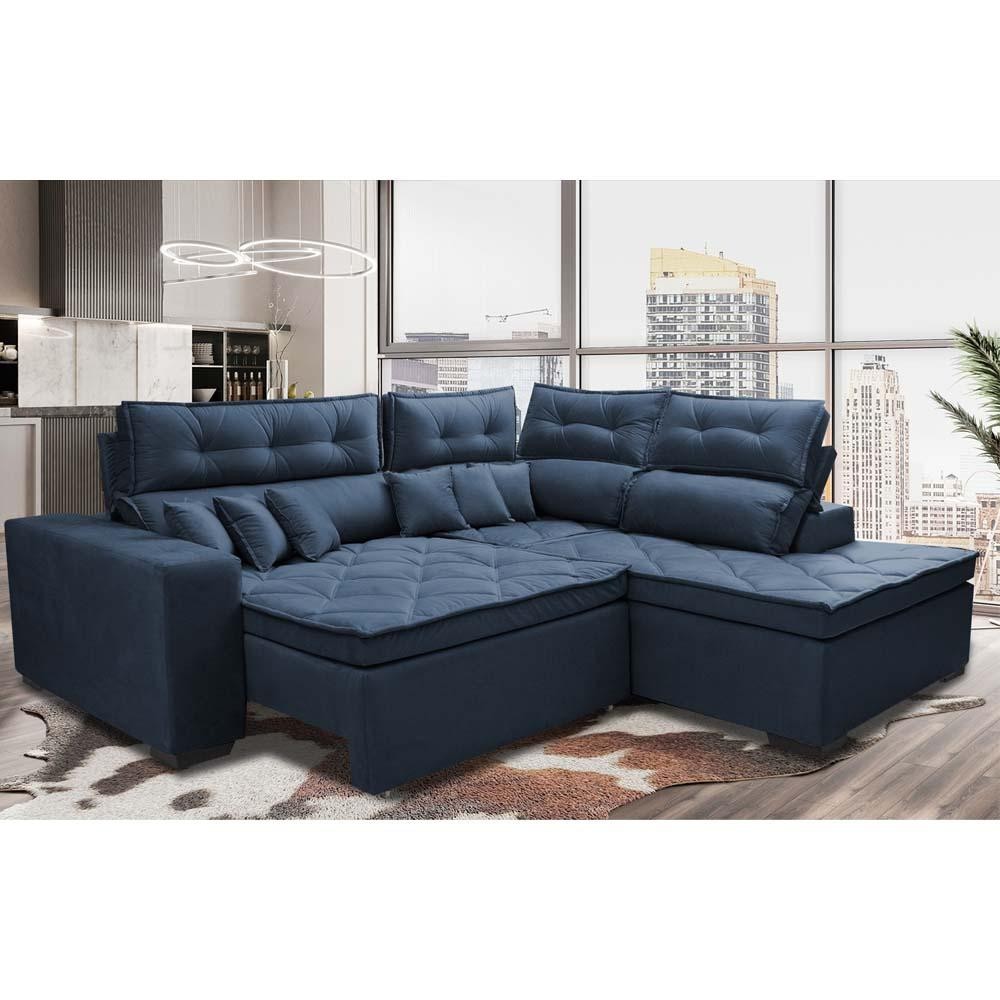 Sofá de Canto 2,60×2,36m Retrátil e Reclinável com Molas Cama inBox Platinum Direito Suede Azul Sofá de Canto 2,60×2,36m Retrátil e Reclinável com Molas Cama inBox Platinum Direito Suede Azul
