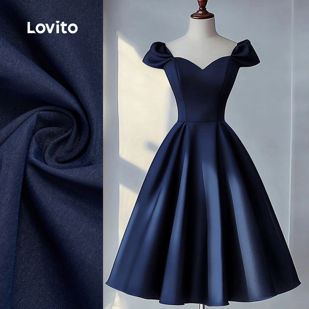 (New) Lovito Vestido Elegante com Pregas Primavera/verão Vestido Azul Marinho para Mulheres L143ED089 (New) Lovito Vestido Elegante com Pregas Primavera/verão Vestido Azul Marinho para Mulheres L143ED089