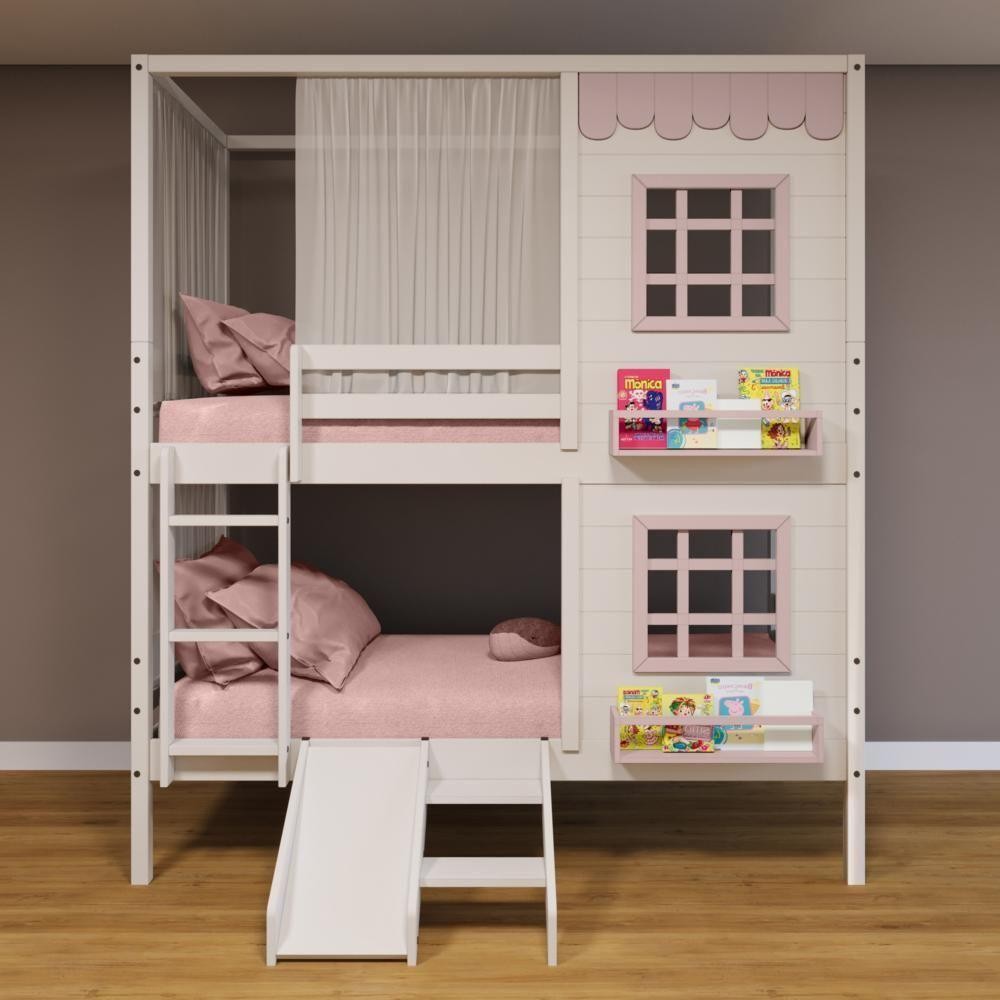Beliche Casinha Reta 2 Janelas Escorregador Cortina Rosa Beliche Casinha Reta 2 Janelas Escorregador Cortina Rosa