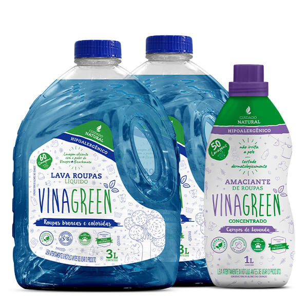 Kit Vinagreen 2 Lava Roupas Liquido + 1 Amaciante Concentrado Lavanda 1L Kit Vinagreen 2 Lava Roupas Liquido + 1 Amaciante Concentrado Lavanda 1L