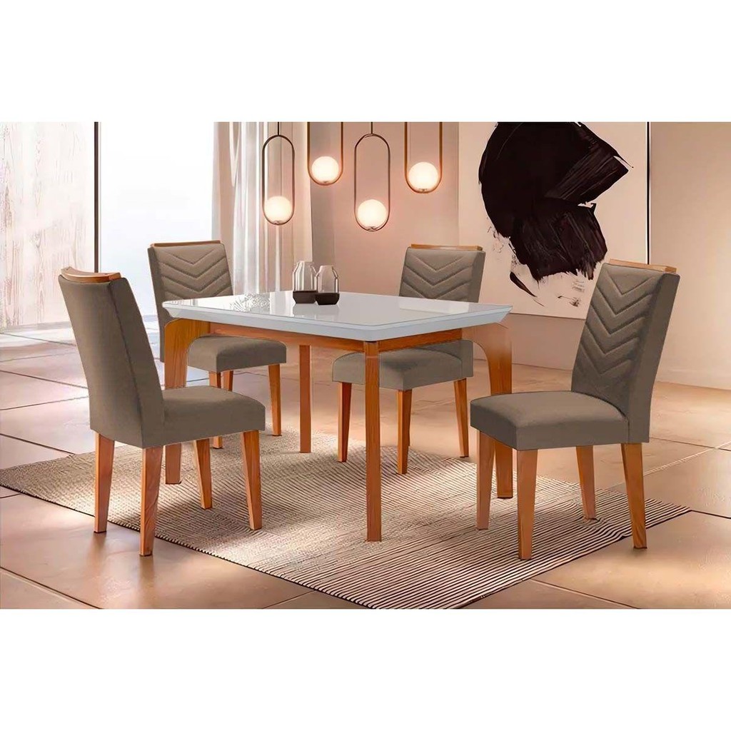 Sala de Jantar Completa Londrina Tampo Madeirado c/ Vidro Curvo 120x80cm e 4 Cadeiras Londrina Imbuia – Veludo Capuccino – Rufato Sala de Jantar Completa Londrina Tampo Madeirado c/ Vidro Curvo 120x80cm e 4 Cadeiras Londrina Imbuia – Veludo Capuccino – Rufato
