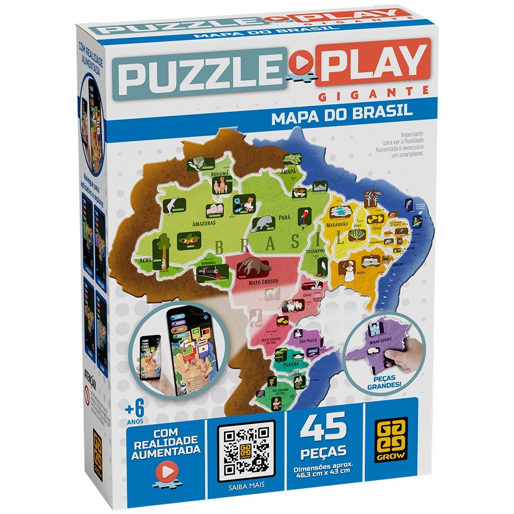 QUEBRA CABEÇA PUZZLE PLAY GIGANTE MAPA DO BRASIL 45 PEÇAS GROW REALIDADE AUMENTADA 3D APLICATIVO APP QUEBRA CABEÇA PUZZLE PLAY GIGANTE MAPA DO BRASIL 45 PEÇAS GROW REALIDADE AUMENTADA 3D APLICATIVO APP