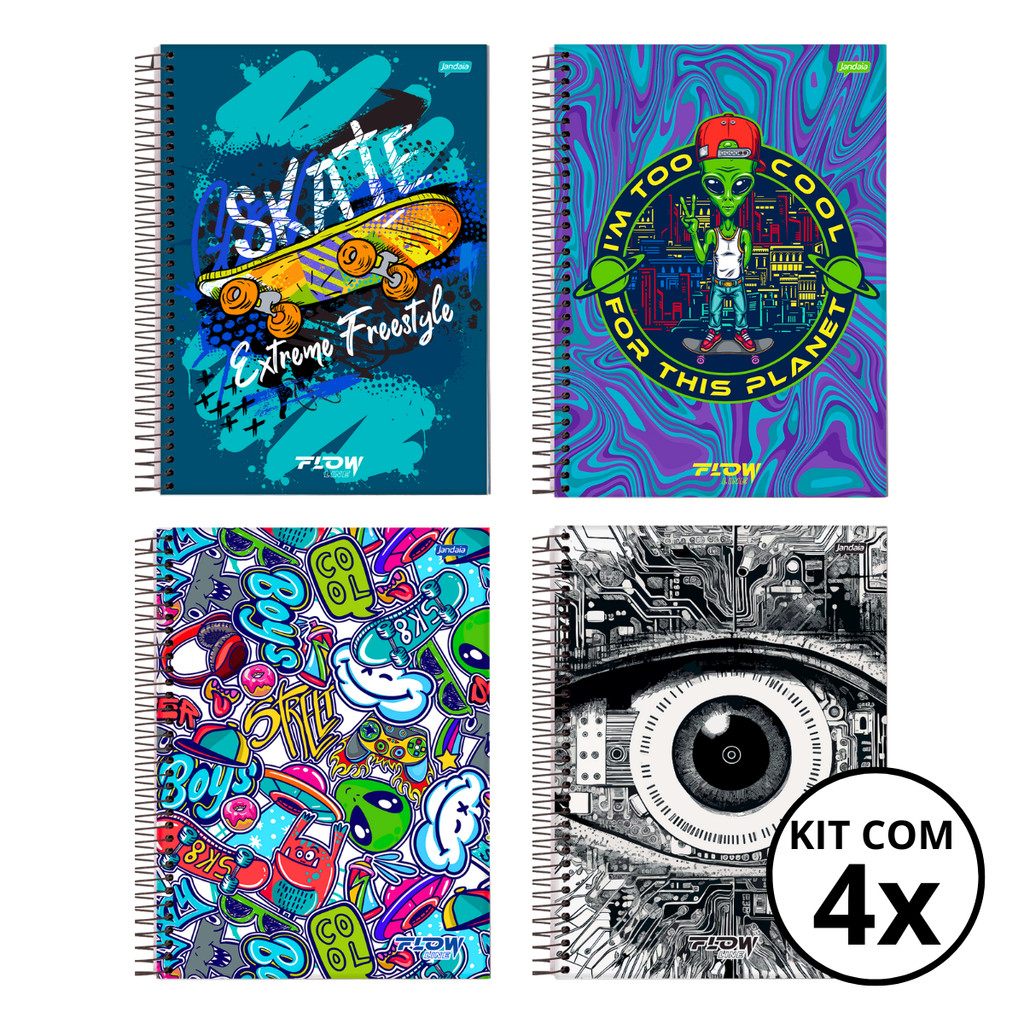 Kit 04 Cadernos Universitário 10 Matérias 160 Folhas Flow – Jandaia CAPA:Skate/Alien/Boys/Olho