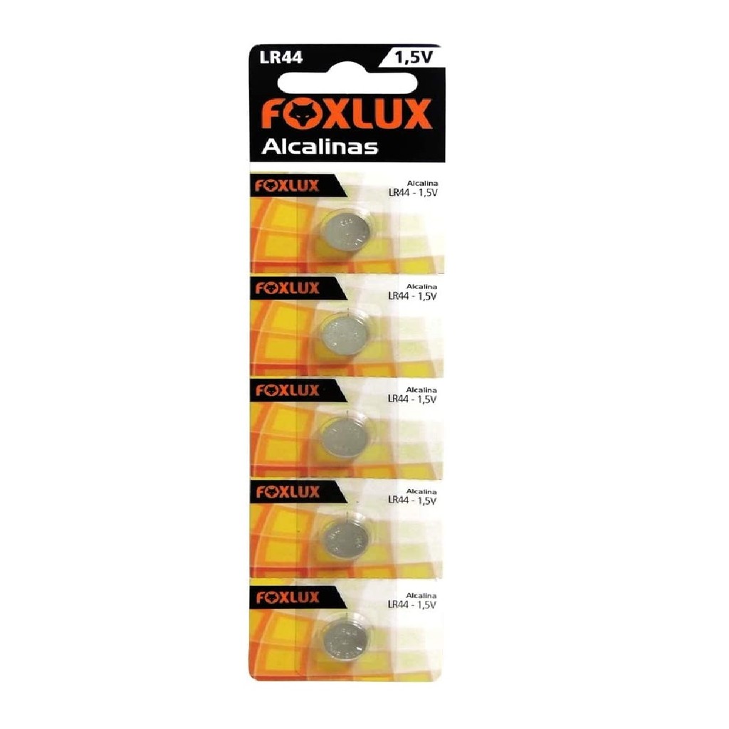 Bateria Alcalina Foxlux LR44 1,5V 5 Unidades Blister Relógio Calculadora Brinquedo Longa Duração Bateria Alcalina Foxlux LR44 1,5V 5 Unidades Blister Relógio Calculadora Brinquedo Longa Duração