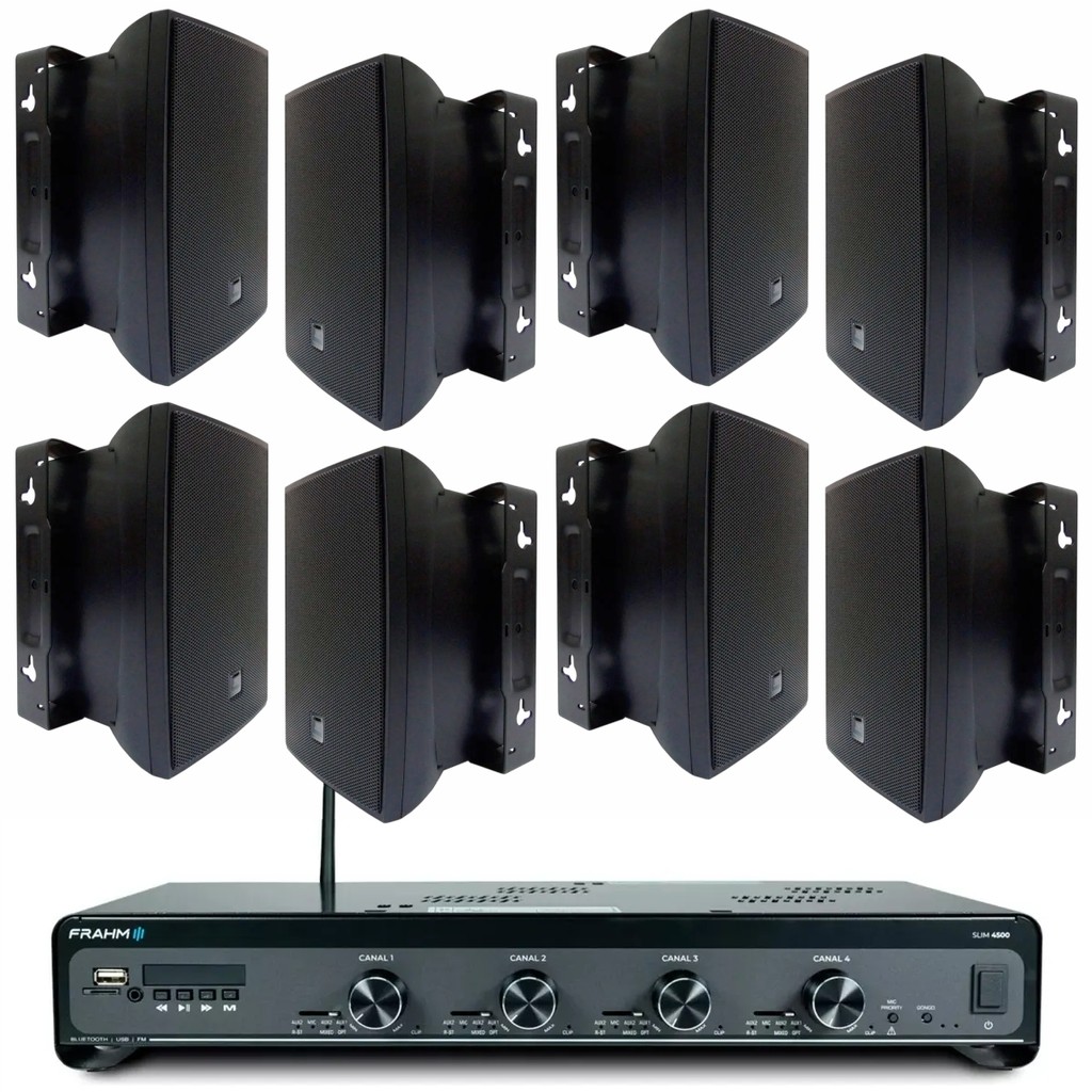 Kit Amplificador Frahm Slim 4500 G5 BT USB SD AUX 480W + 8 Caixas Acústicas JBL C521P 40W Preta Kit Amplificador Frahm Slim 4500 G5 BT USB SD AUX 480W + 8 Caixas Acústicas JBL C521P 40W Preta