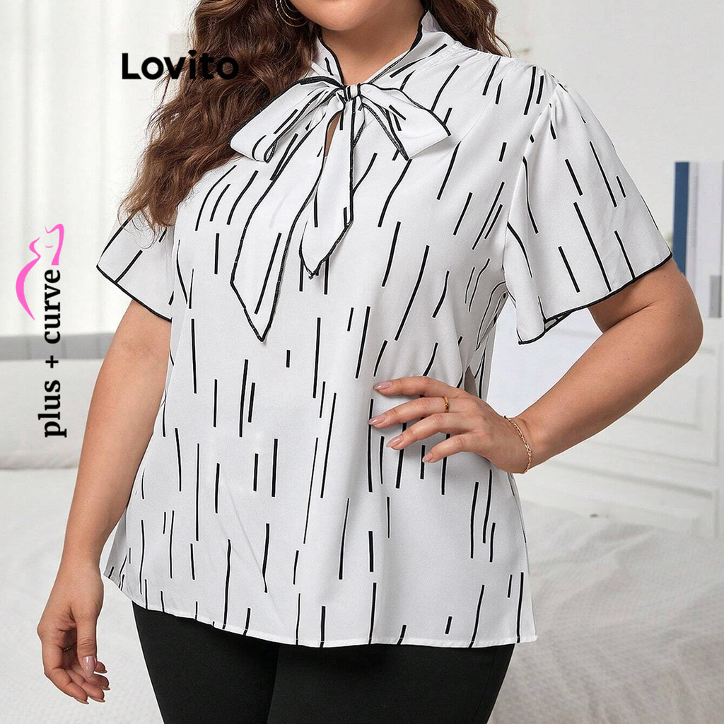 (Trendy) Lovito Blusa plus size elegante geométrica com amarração frontal para mulheres LBL20083 (Trendy) Lovito Blusa plus size elegante geométrica com amarração frontal para mulheres LBL20083