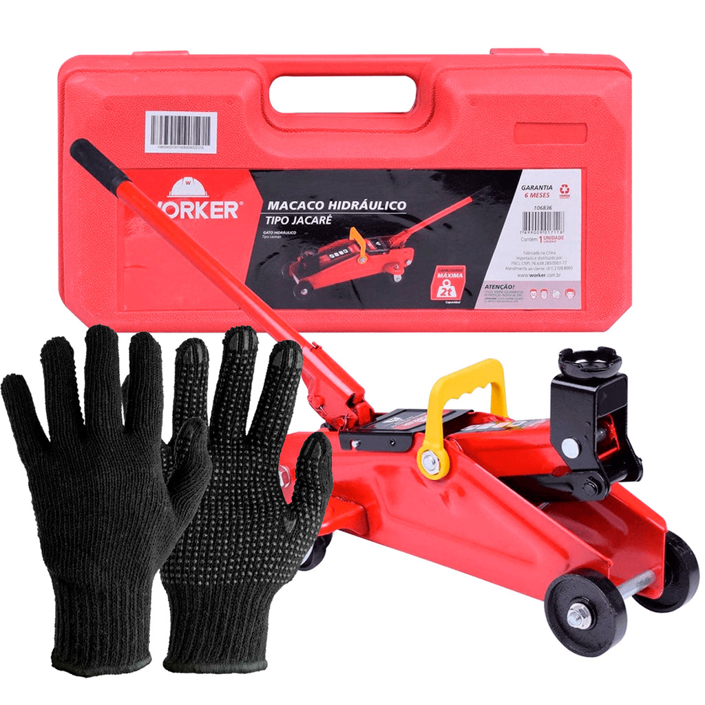 Kit Mecânico Profissional Macaco Hidráulico Jacaré 2T Eleva Car + Luva Pigmentada Antiderrapante Kit Mecânico Profissional Macaco Hidráulico Jacaré 2T Eleva Car + Luva Pigmentada Antiderrapante