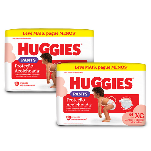 Kit 2 – Huggies Fralda Pants Proteção Acolchoada XG – 64 Un Kit 2 – Huggies Fralda Pants Proteção Acolchoada XG – 64 Un