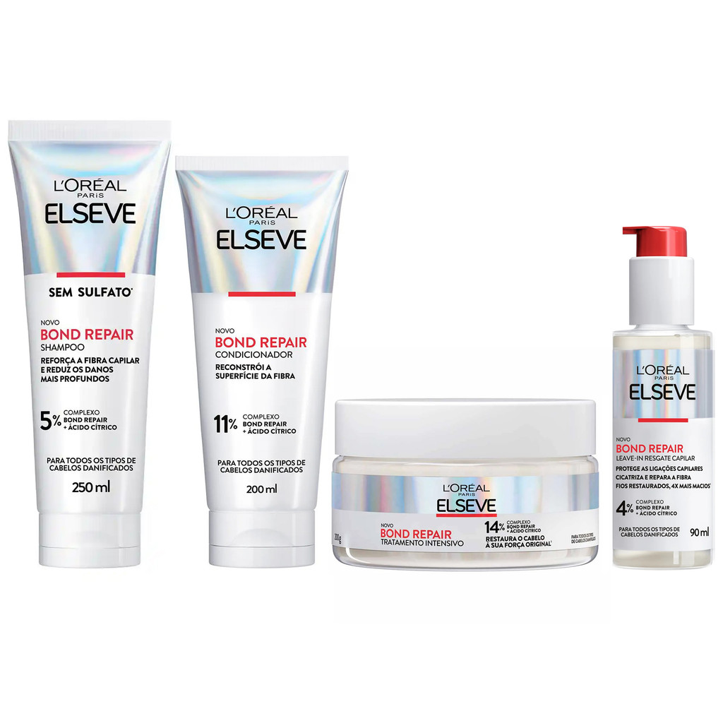 KIT ELSEVE SH + COND + MÁSC + LEAVE-IN BOND REPAIR CABELOS DANIFICADOS – 4 ITENS KIT ELSEVE SH + COND + MÁSC + LEAVE-IN BOND REPAIR CABELOS DANIFICADOS – 4 ITENS