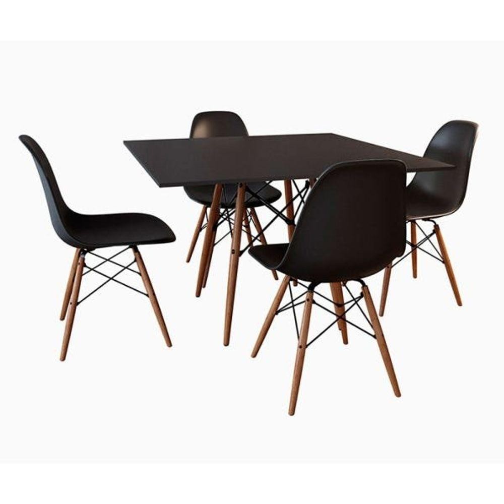 Conjunto de Mesa de Jantar Eames Eiffel Quadrada 90cm Tampo de Madeira Preto com 4 Cadeiras Pretas Conjunto de Mesa de Jantar Eames Eiffel Quadrada 90cm Tampo de Madeira Preto com 4 Cadeiras Pretas
