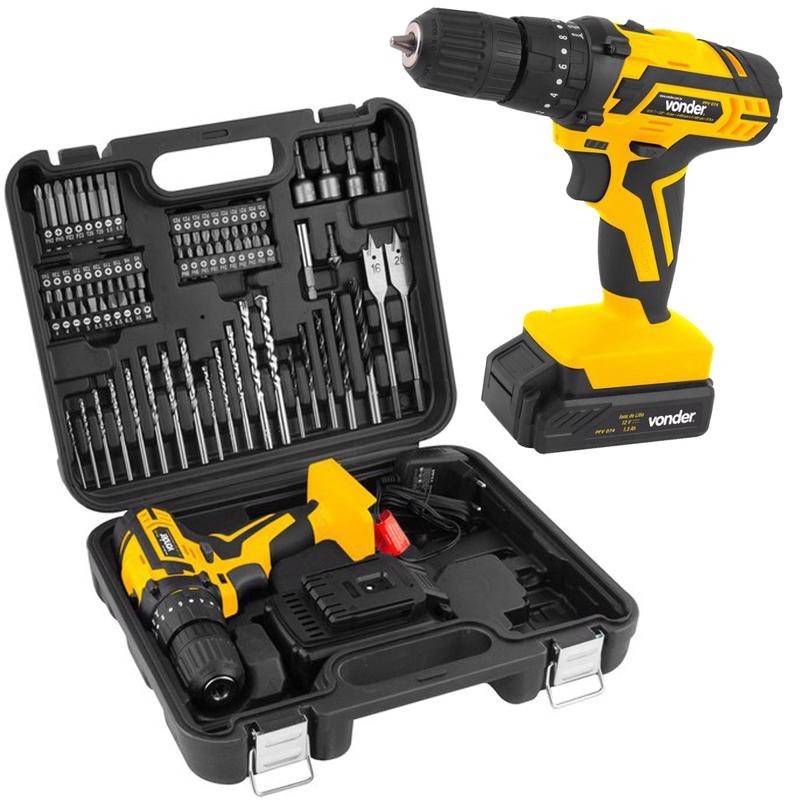 Parafusadeira e furadeira com Impacto à Bateria 12V Bivolt com Jogo 74 Peças e Maleta PFV 074 VONDER Parafusadeira e furadeira com Impacto à Bateria 12V Bivolt com Jogo 74 Peças e Maleta PFV 074 VONDER