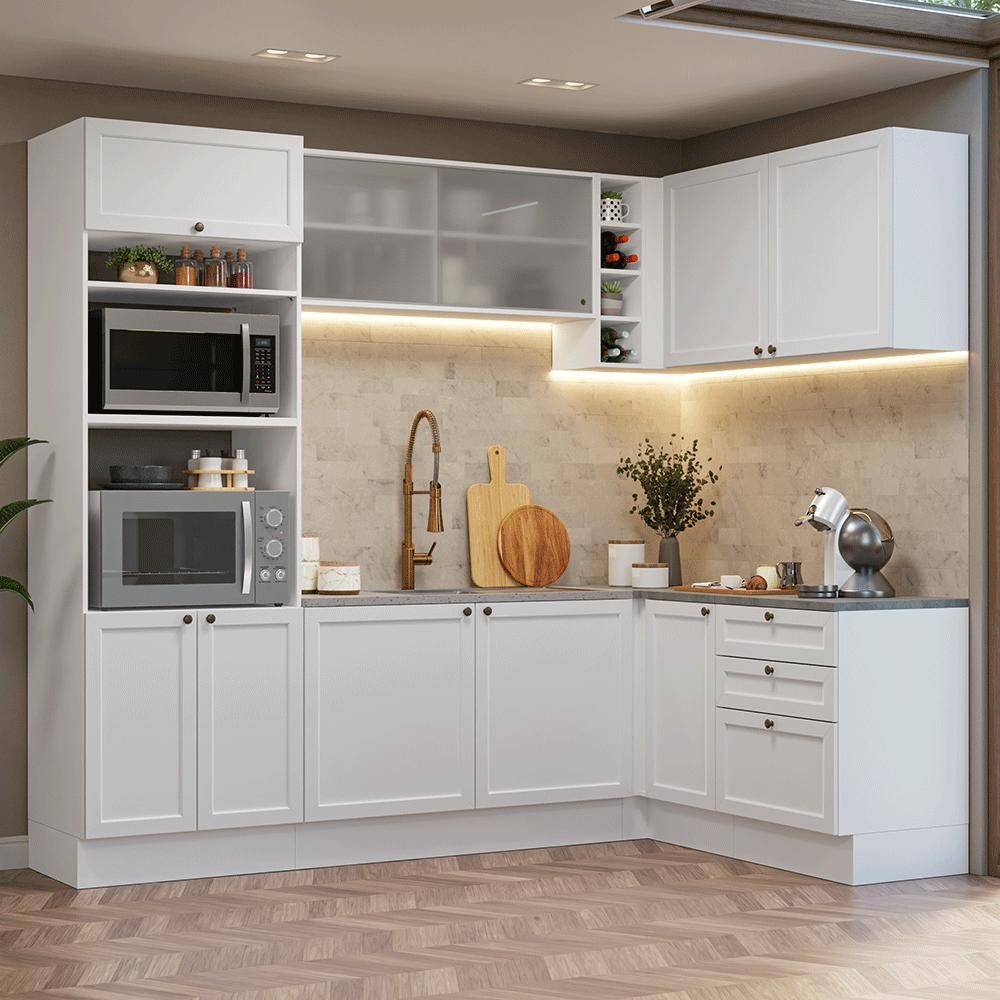 Armário de Cozinha Completa de Canto 399 cm Branco Vik Madesa 01 Armário de Cozinha Completa de Canto 399 cm Branco Vik Madesa 01