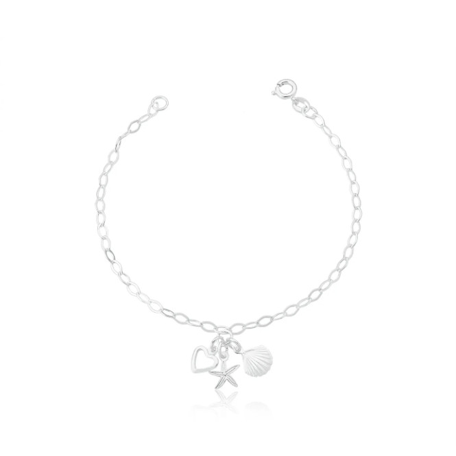 Pulseira feminina patuá estrela coração e concha prata 925 Pulseira feminina patuá estrela coração e concha prata 925