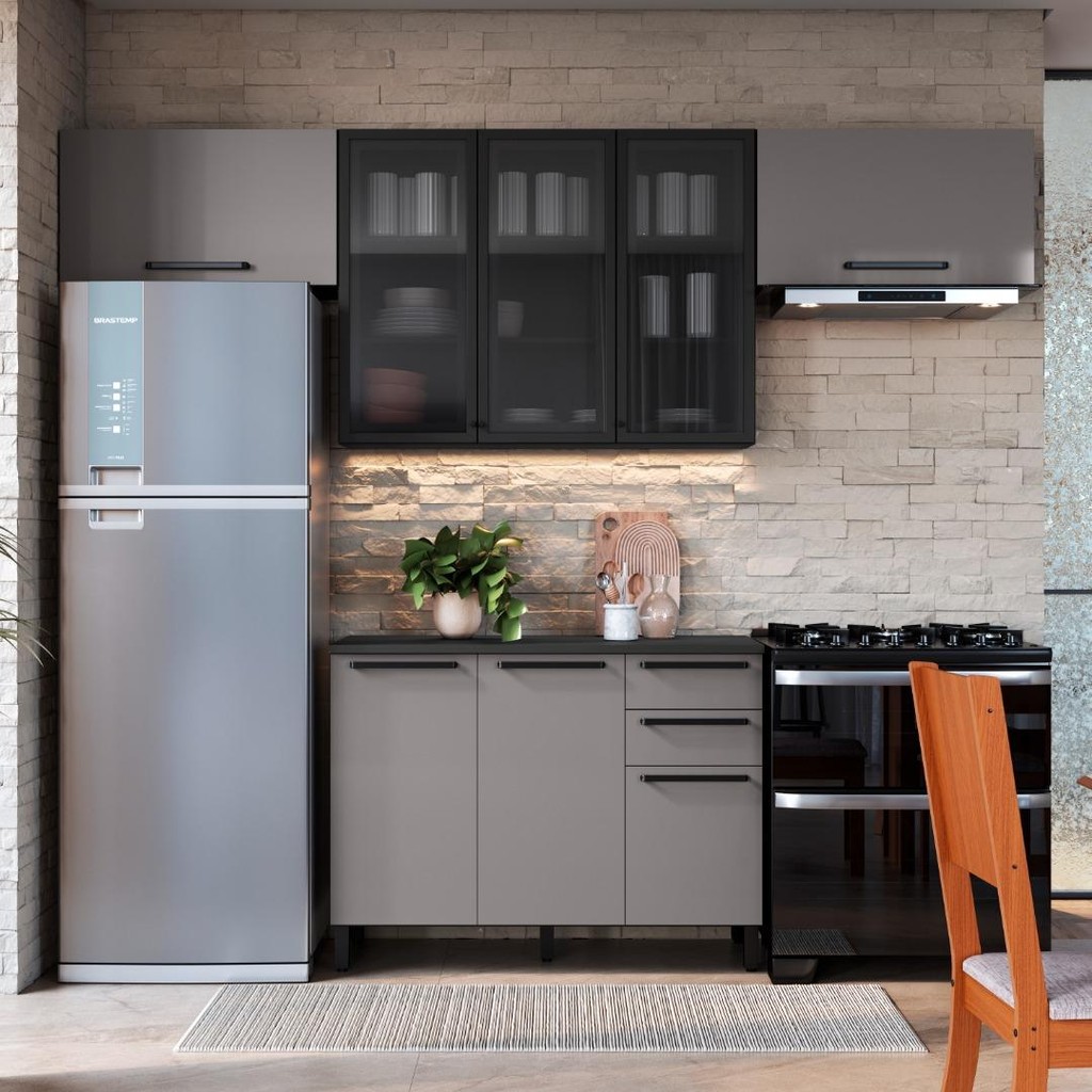 Cozinha Modulada Compacta Fidelitá Mônaco 4 Peças 280cm 8 Portas 2 Gavetas Com Tampo Chumbo/Titânio Cozinha Modulada Compacta Fidelitá Mônaco 4 Peças 280cm 8 Portas 2 Gavetas Com Tampo Chumbo/Titânio
