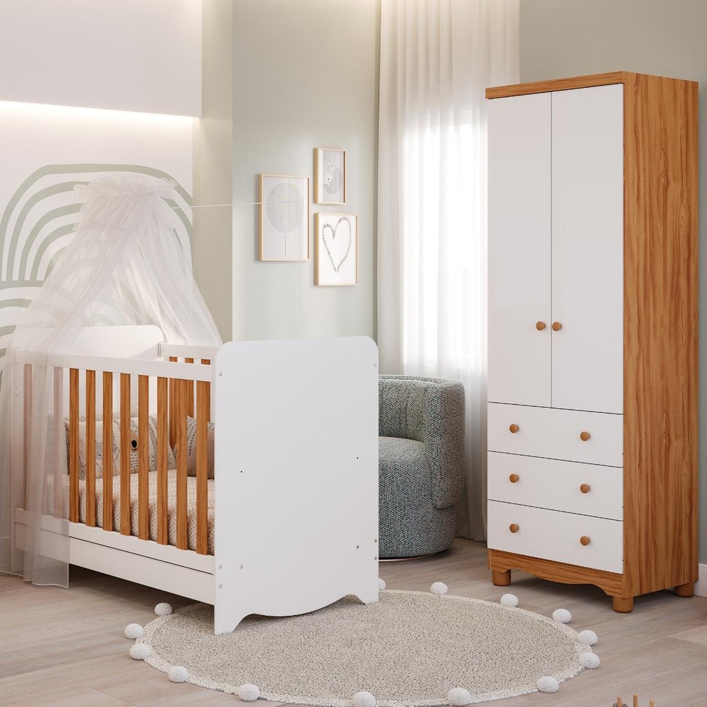 Quarto de Bebê Completo Berço Americano Ben 3 Em 1 Guarda Roupa Júnior 2 Portas 3 Gavetas 100% MDF Quarto de Bebê Completo Berço Americano Ben 3 Em 1 Guarda Roupa Júnior 2 Portas 3 Gavetas 100% MDF