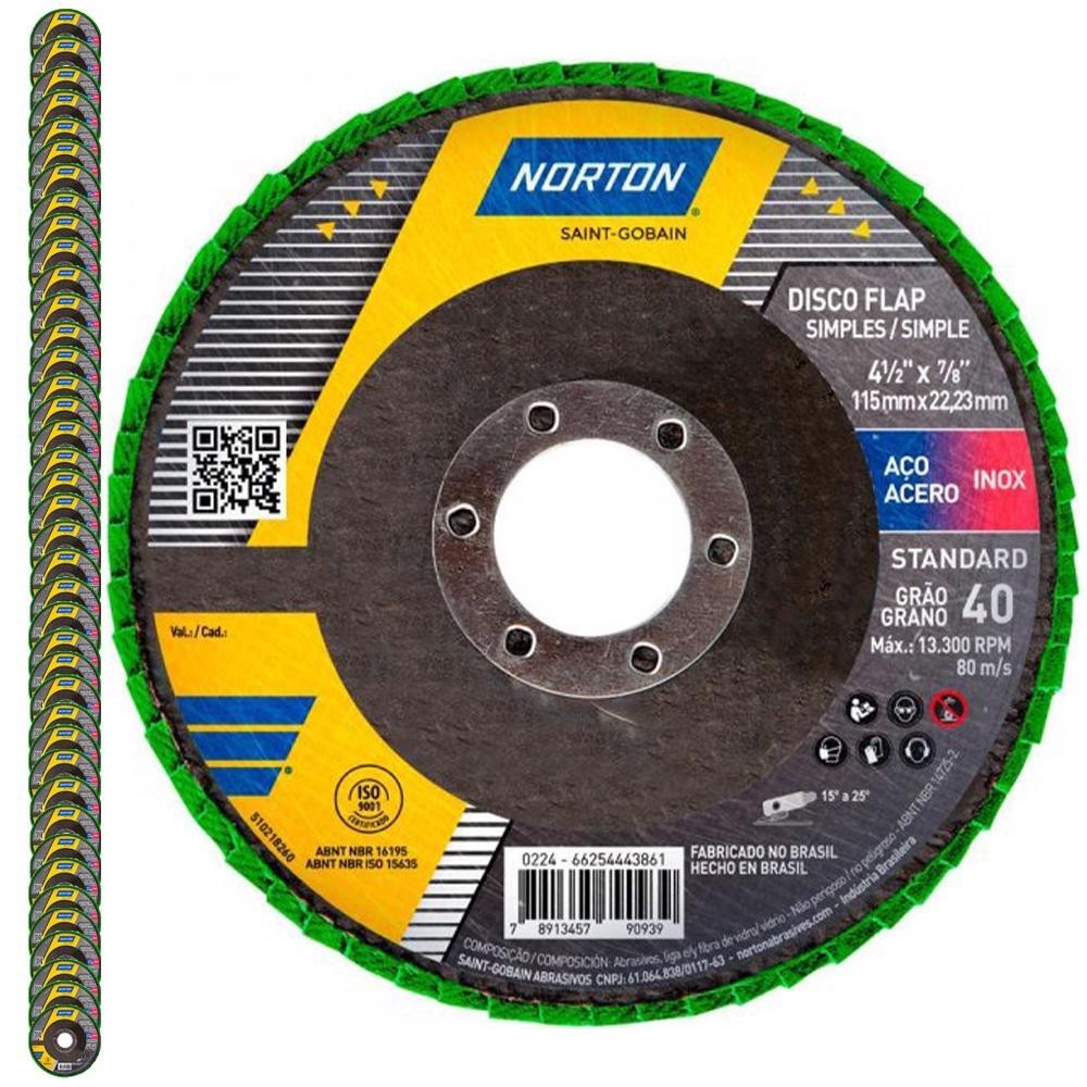 Disco Flap 4.1/2 POL Grão 40 Standard Com 50 Unidades NORTON Disco Flap 4.1/2 POL Grão 40 Standard Com 50 Unidades NORTON