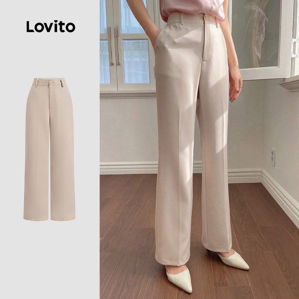 (New) Lovito Calças Elegantes com Zíper e Botão para Primavera/verão Calças Leves Caqui para Mulheres LBL27165 (New) Lovito Calças Elegantes com Zíper e Botão para Primavera/verão Calças Leves Caqui para Mulheres LBL27165