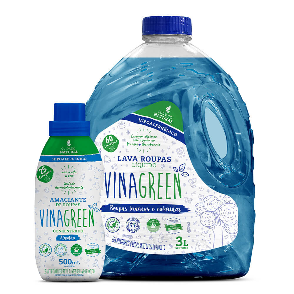 Combo Vinagreen Lava Roupas 3 l + Amaciante Concentrado de Algodão 500 ml Combo Vinagreen Lava Roupas 3 l + Amaciante Concentrado de Algodão 500 ml
