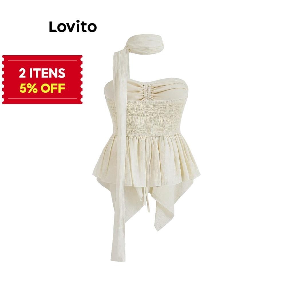 (Trendy) Lovito Regata Casual Lisa Assimétrica Com Cordão E Renda Em Tecido Texturizado Para Mulheres L106AD418 (Trendy) Lovito Regata Casual Lisa Assimétrica Com Cordão E Renda Em Tecido Texturizado Para Mulheres L106AD418