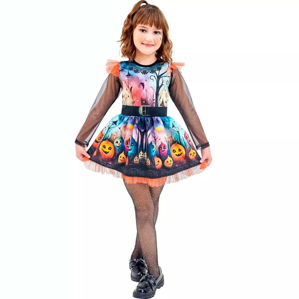 Fantasia Bruxa Halloween Infantil pra Menina Vestido Abobora com Manga Longa Fantasia Bruxa Halloween Infantil pra Menina Vestido Abobora com Manga Longa