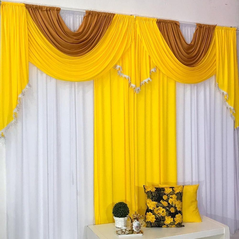 Cortina Mayara Varão Duplo Malha e Franja 3,00m x 2,60m Sala Quarto – Amarelo Mostarda Branco
