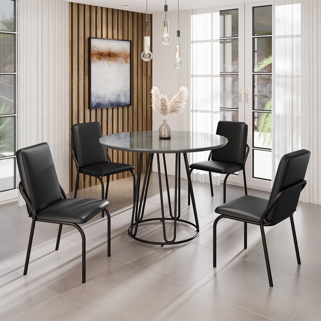 Conjunto Sala de Jantar Mesa Redonda 100cm Base Omega Tampo Mdf Laca com Vidro Malibu Preto Conjunto Sala de Jantar Mesa Redonda 100cm Base Omega Tampo Mdf Laca com Vidro Malibu Preto