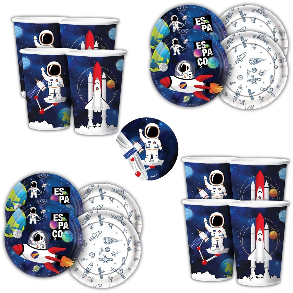 Kit Festa ASTRONAUTA  ESPACIAL 16 Pratos + 16 Copos Descartável 180 Ml Papel – REGINA