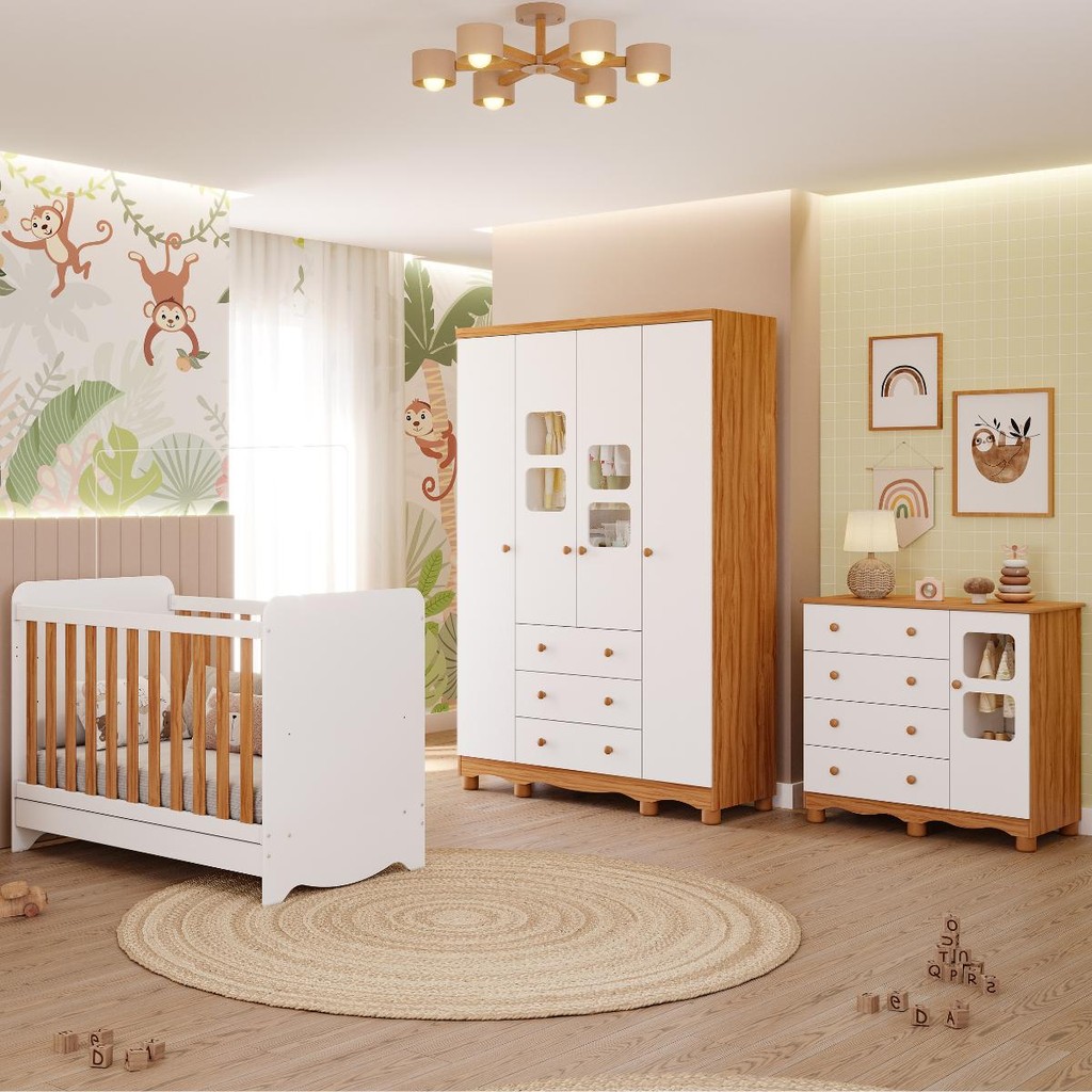 Quarto Bebê Completo Berço Americano Ben 3 Em1 Guarda Roupa 4 Portas e Cômoda Uli 4 Gavetas 100% MDF Quarto Bebê Completo Berço Americano Ben 3 Em1 Guarda Roupa 4 Portas e Cômoda Uli 4 Gavetas 100% MDF