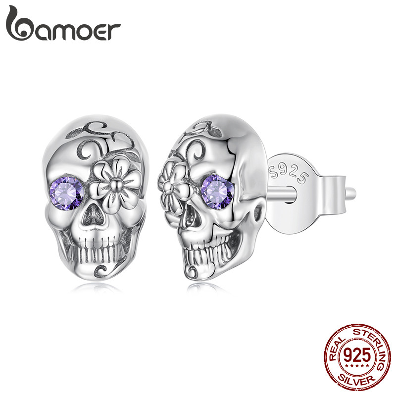 Bamoer Original 925 Prata Esterlina Halloween Crânio Brincos Design De Moda Jóias Presente Feminino Bamoer Original 925 Prata Esterlina Halloween Crânio Brincos Design De Moda Jóias Presente Feminino
